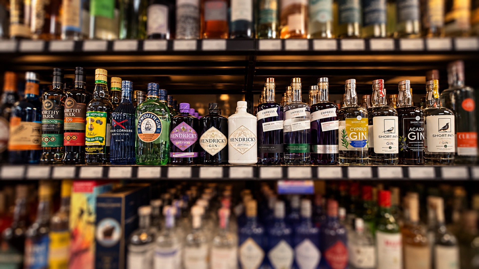 Rows of gin bottles in liquor stores