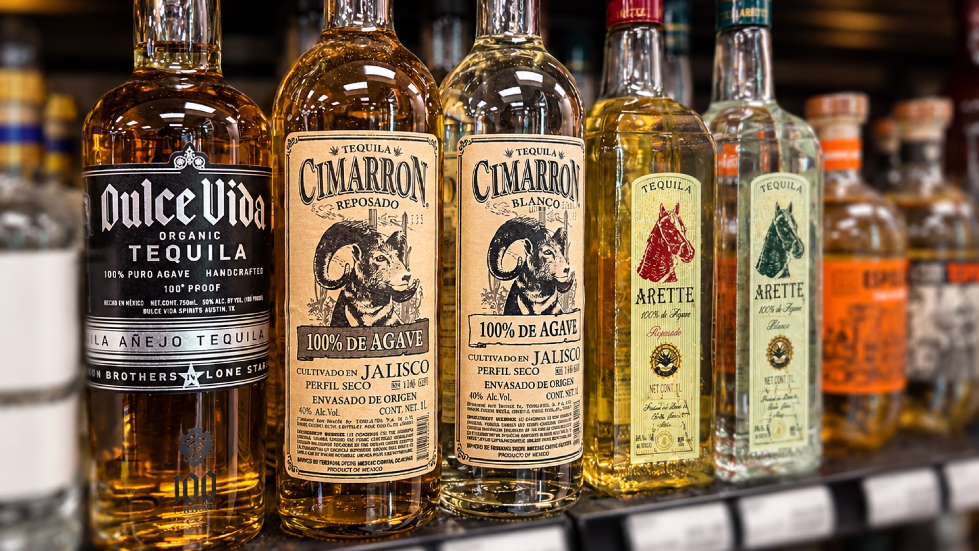 Tequila bottles on shelves