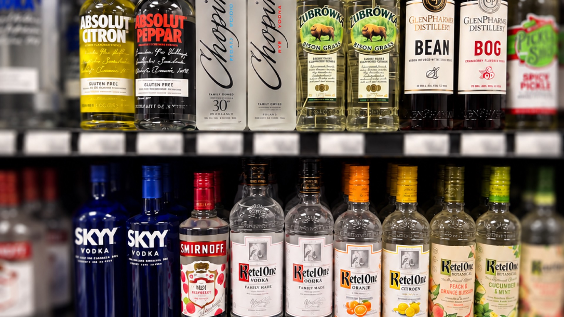 Vodka on shelves.